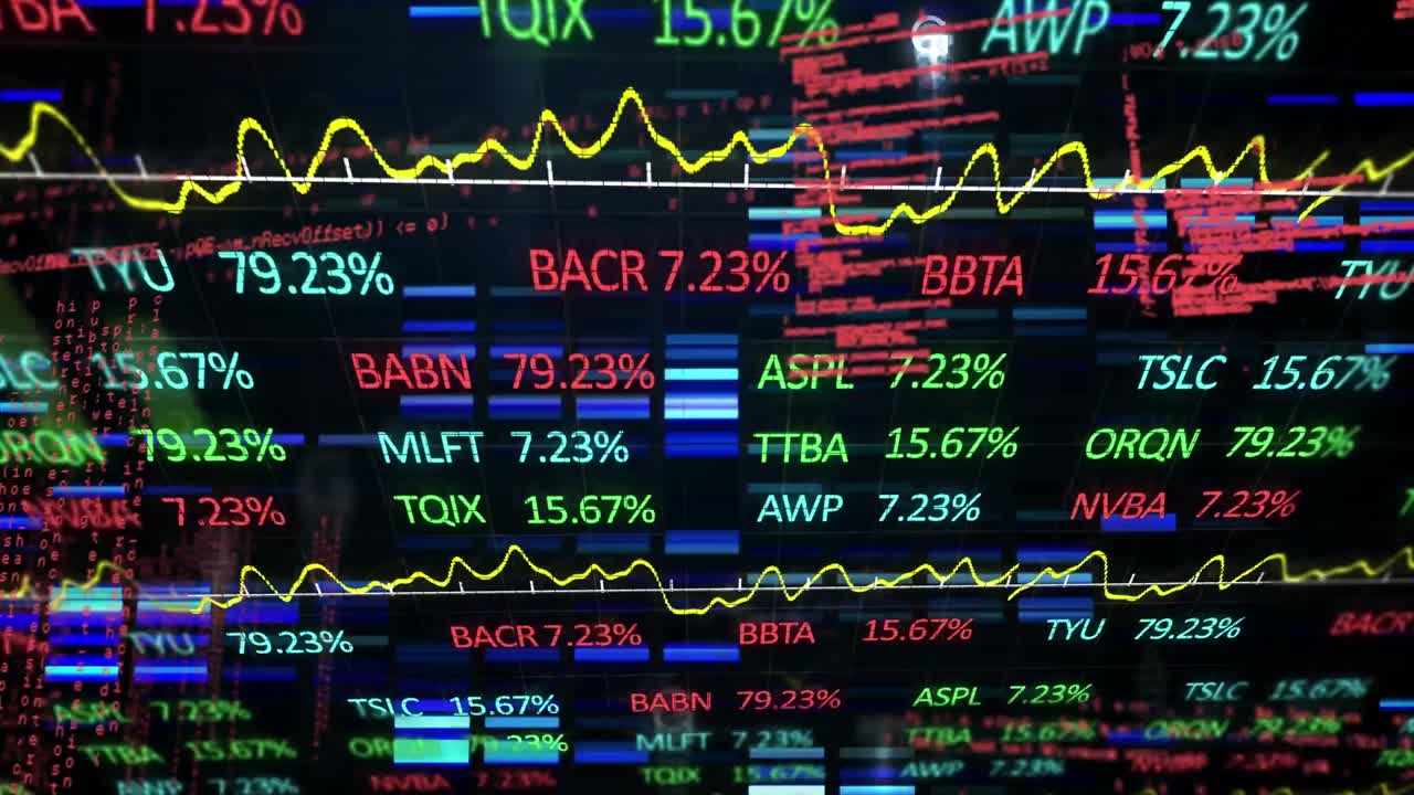 Animazione di elaborazione dati finanziari con luci scintillanti