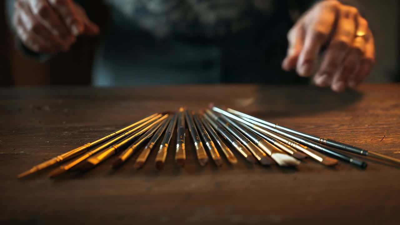 Mani di artista che volteggiano e poi dispongono pennelli a ventaglio su un tavolo di legno, preparandosi per la pittura.
