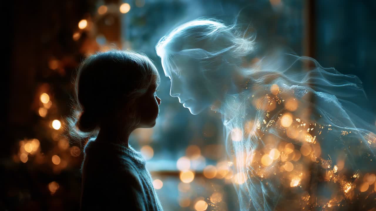 A Magical Encounter Between a Young Child and an Ethereal Being, Captured in a Dreamlike Atmosphere Filled with Mysterious Light and Enchanting Sparkles, Evoking a Sense of Wonder and Imagination