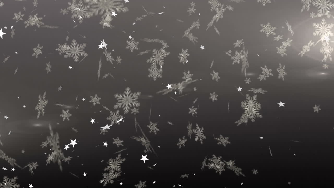 animación de copos de nieve de navidad y estrellas cayendo sobre un fondo gris
