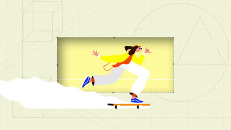 animación de una persona en patineta con una herramienta de pluma cortando un rectángulo sobre un fondo amarillo