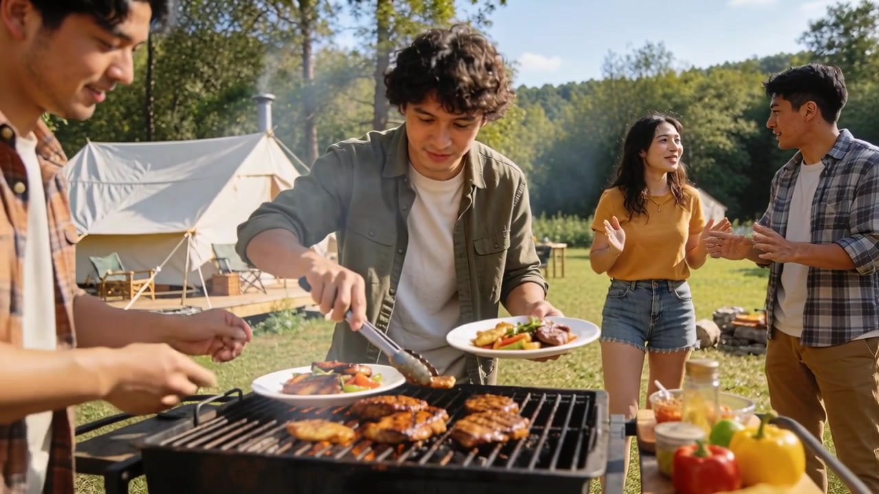 Grilling man in green tee flipping and serving chicken at grill as friends reach plates