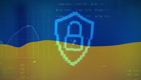 Animación-De-Procesamiento-De-Datos-Y-Escudo-Con-Candado-Sobre-Bandera-De-Ucrania