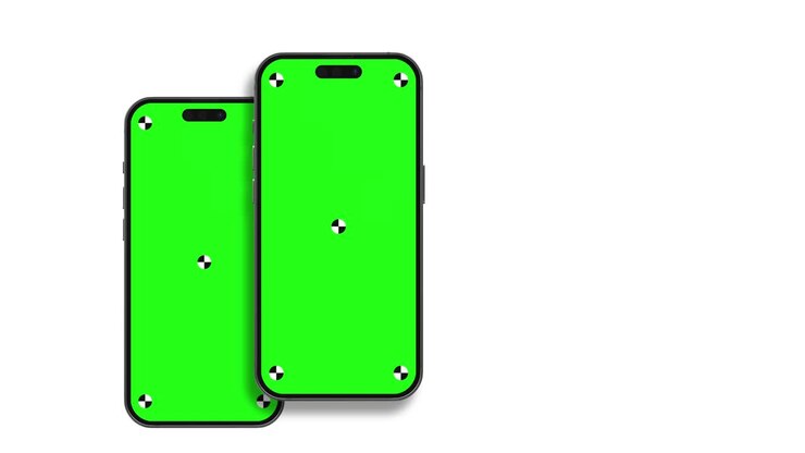 Dynamische 3D-Illustration von zwei Smartphones mit weißem Bildschirmhintergrund, perfekt für einfaches Keying und Anpassung