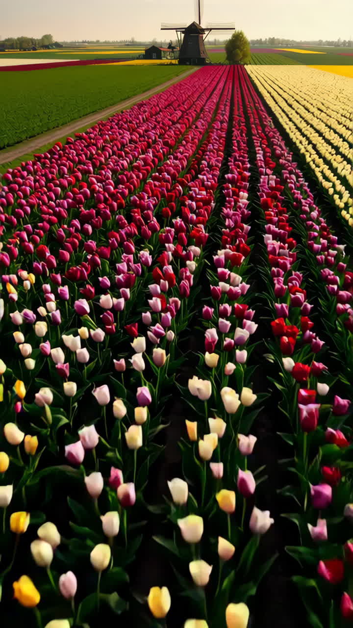 Colorful Tulip Fields with a Windmill in the Netherlands