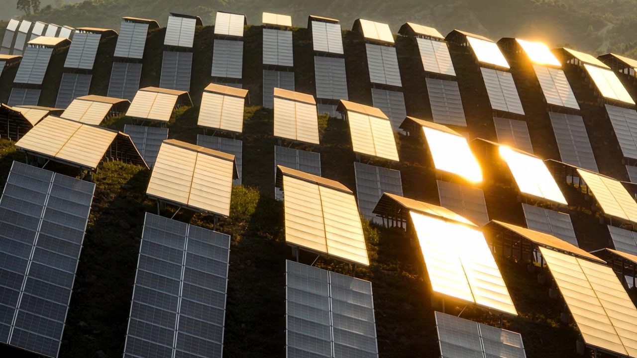 Sol baixo em movimento projetando reflexos dourados sobre painéis solares inclinados na encosta, com suportes de metal.