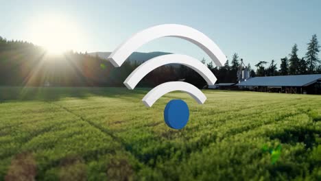 animation of wifi digital icon floating over landscape