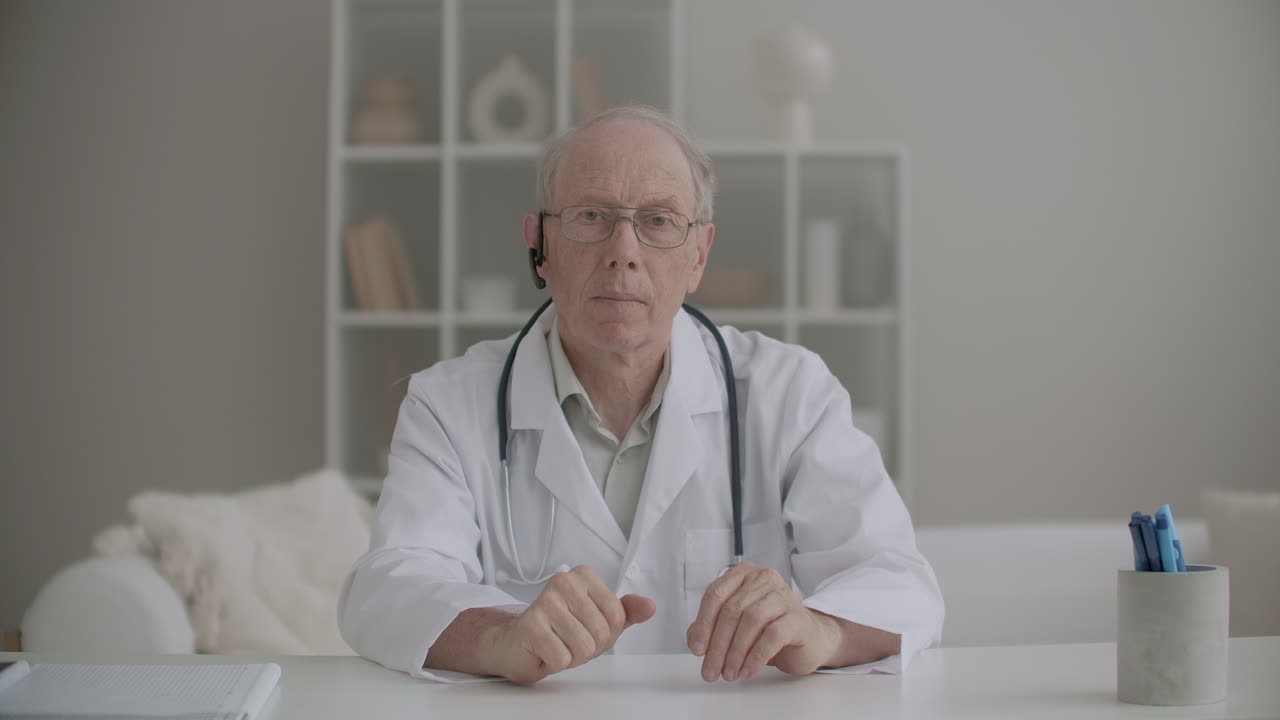 главный врач клиники приветствует коллег и сотрудников на ежедневной онлайн-встрече. портрет человека, глядящего в камеру.