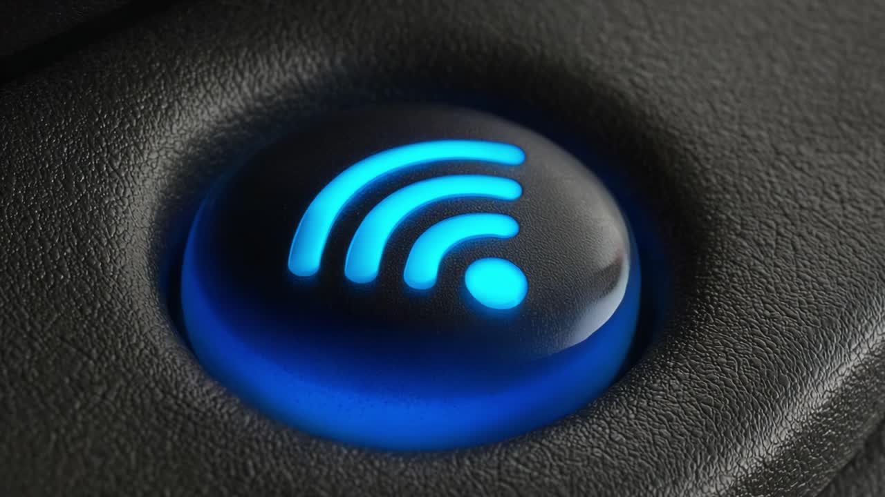 Close-Up of a Glowing Wi-Fi Icon Button Representing Connectivity Status in a Modern Device, Highlighting Its Sleek Design Against a Dark Background