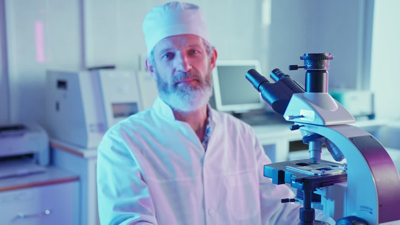Male Scientist Looking Through Microscope in Modern Laboratory