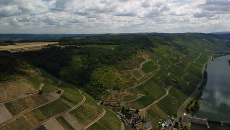 Vuelo-Hundido-Sobre-El-Lago-Moselle-Junto-A-Un-Viñedo