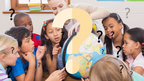 animation of question marks over diverse schoolchildren and teacher in classroom