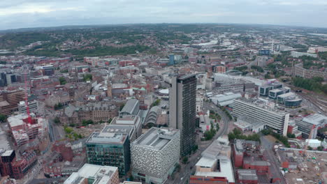 establishing drone shot of sheffield city centre and town hall building