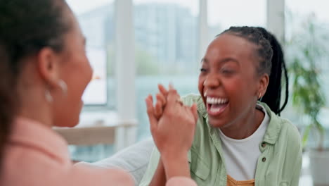 smile, high five and woman friends laughing