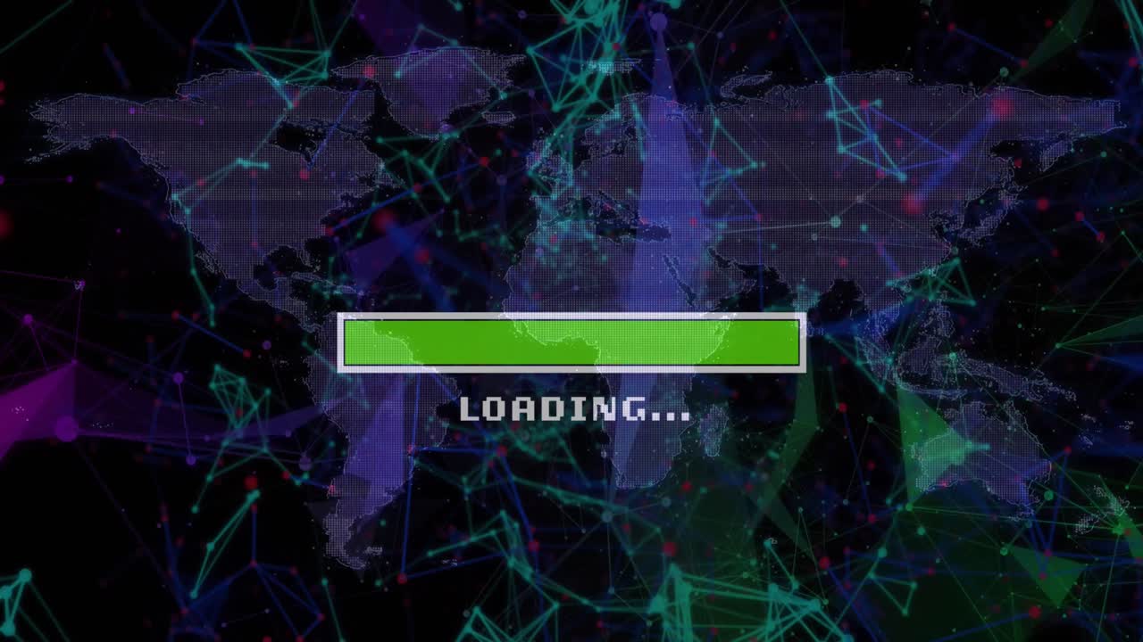 블랙 백그라운드에 있는 세계 지도 위의 로딩 바와 연결 네트워크의 애니메이션