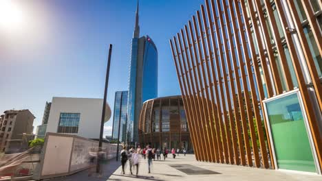 italy sunny day milan city modern block famous pedestrian square panorama 4k timelapse