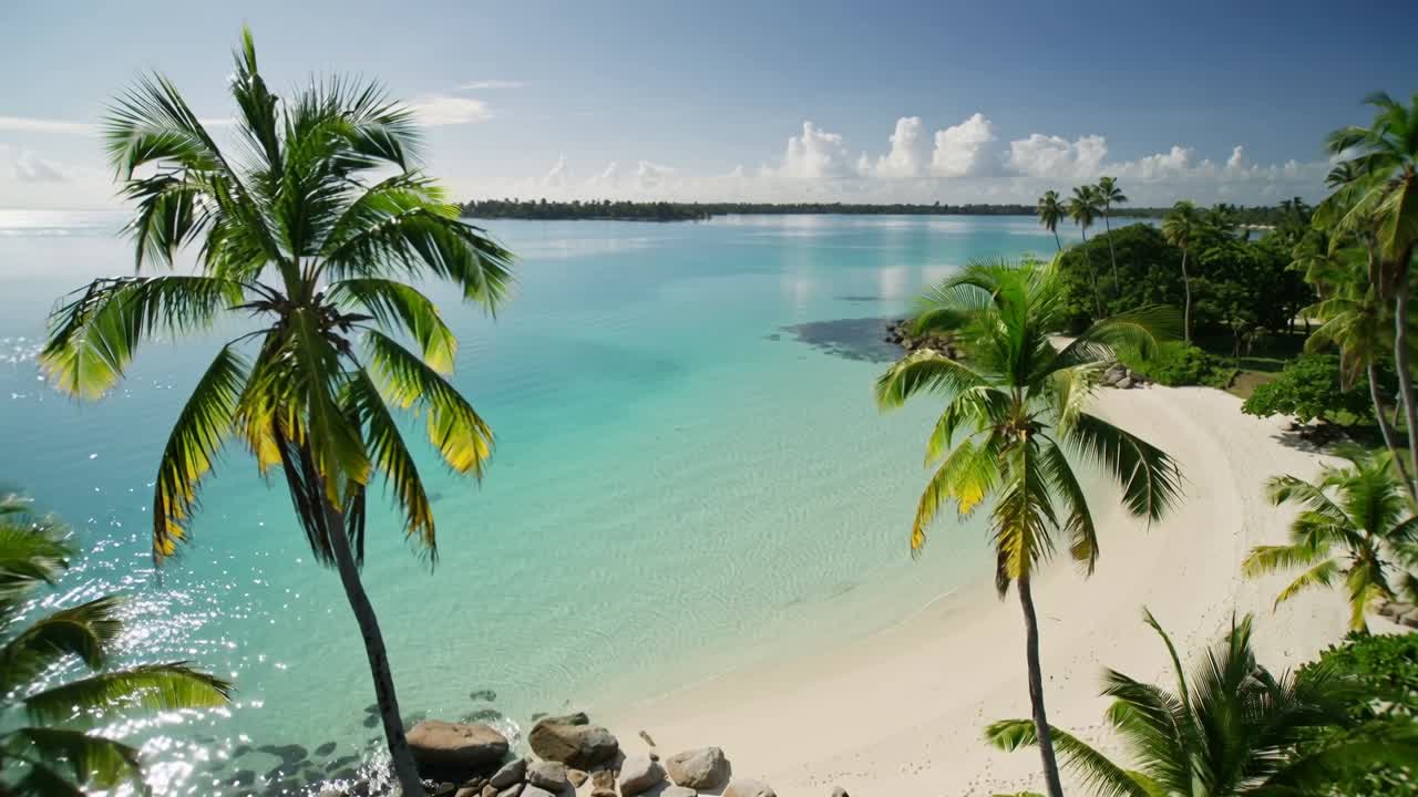 Schwenkende Kamera, ausgelöst durch Drohnenbewegung über einen sichelförmigen Strand, enthüllt ein Palmenpaar und die gesamte Bucht.