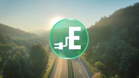 Symbol-Elektroauto-Vor-Der-Autobahn-Bei-Sonnenuntergang