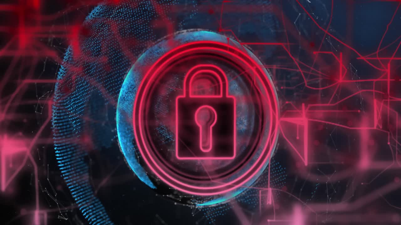 animación de un candado en círculo con líneas conectadas sobre globos