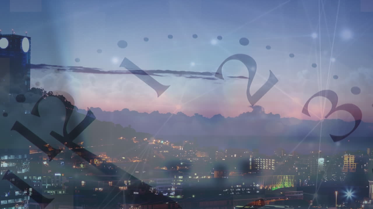 도시 풍경 위의 시계와 연결 네트워크의 애니메이션