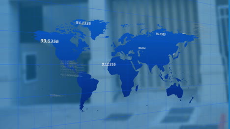 animación del procesamiento de datos financieros sobre el mapa del mundo y los edificios