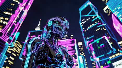 futuristic robot in a neon city