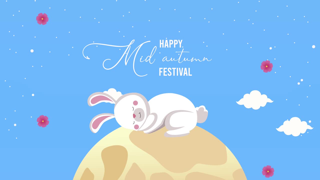 mid autumn lettering animation with rabbit in moon