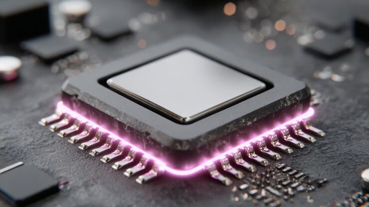 Nærbillede af en computerchip fremhævet med en levende neonglans, der viser det indviklede design og de teknologiske detaljer i moderne hardware i to forskellige rammer