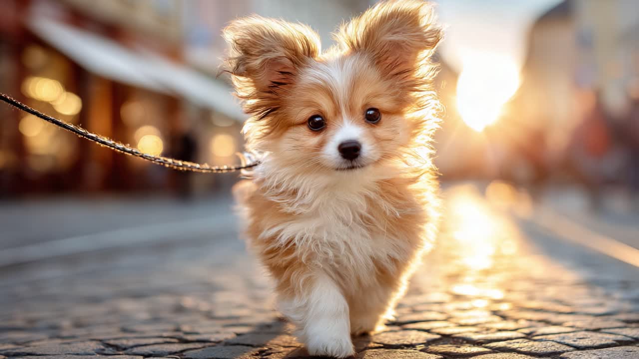 Um filhote brincalhão caminhando alegremente por uma rua ensolarada, destacando a alegria da companhia de um animal de estimação e a vibrante vida urbana