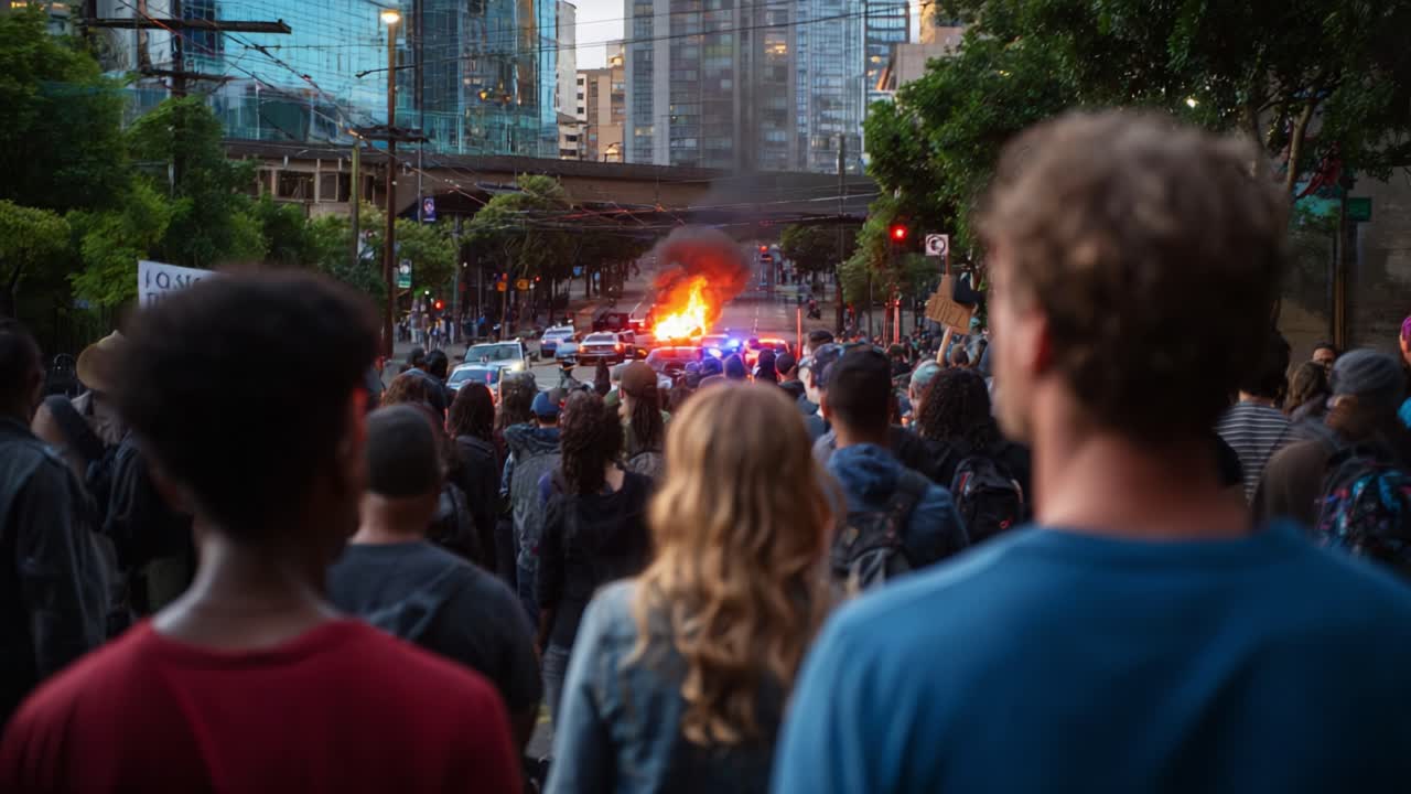 Una folla assiste a una scena caotica: un veicolo in fiamme durante una protesta, simbolo di crescenti tensioni e disordini nella comunità di un'area metropolitana