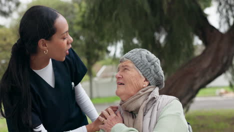 nurse, elderly care and talking to patient