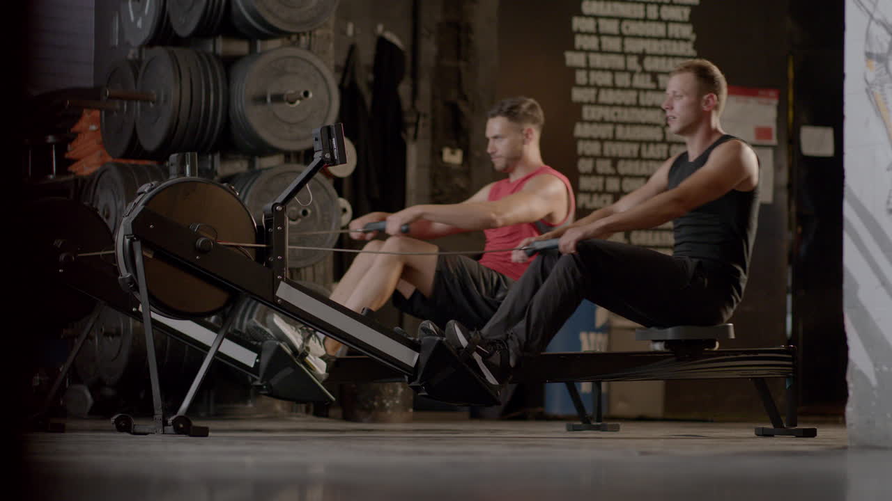 Two men using rowing machines in a gym