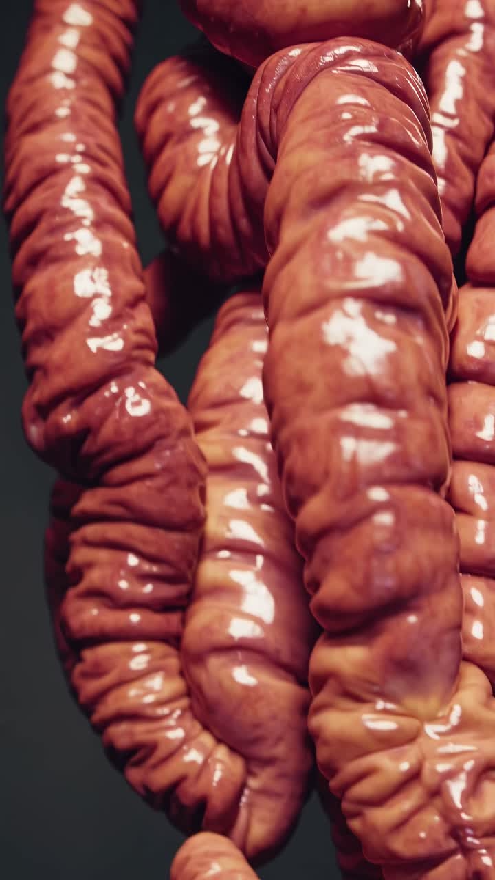Primo piano di un video di salsicce crude appese, che ne mostra la consistenza e la lucentezza
