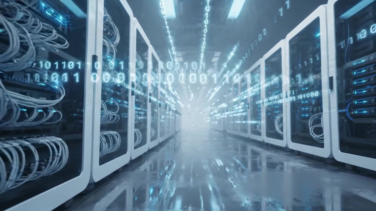 Futuristic Server Room Filled with Data Streams in a High-Tech Environment, Showcasing Advanced Technology and Digital Information Flowing Through Cables