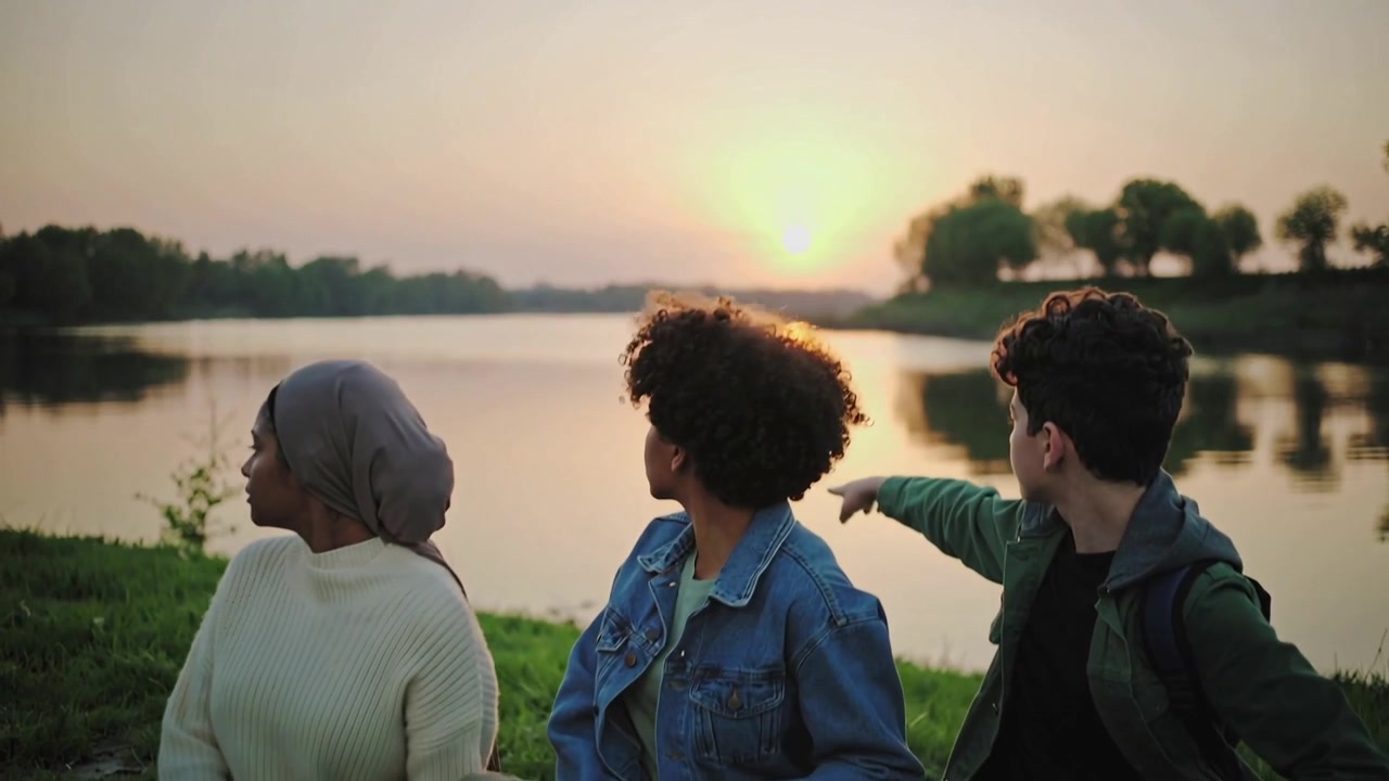 Adolescente à direita apontando, amigos virando e se inclinando enquanto a câmera se afasta para o lago, pôr do sol, lenço de cabeça
