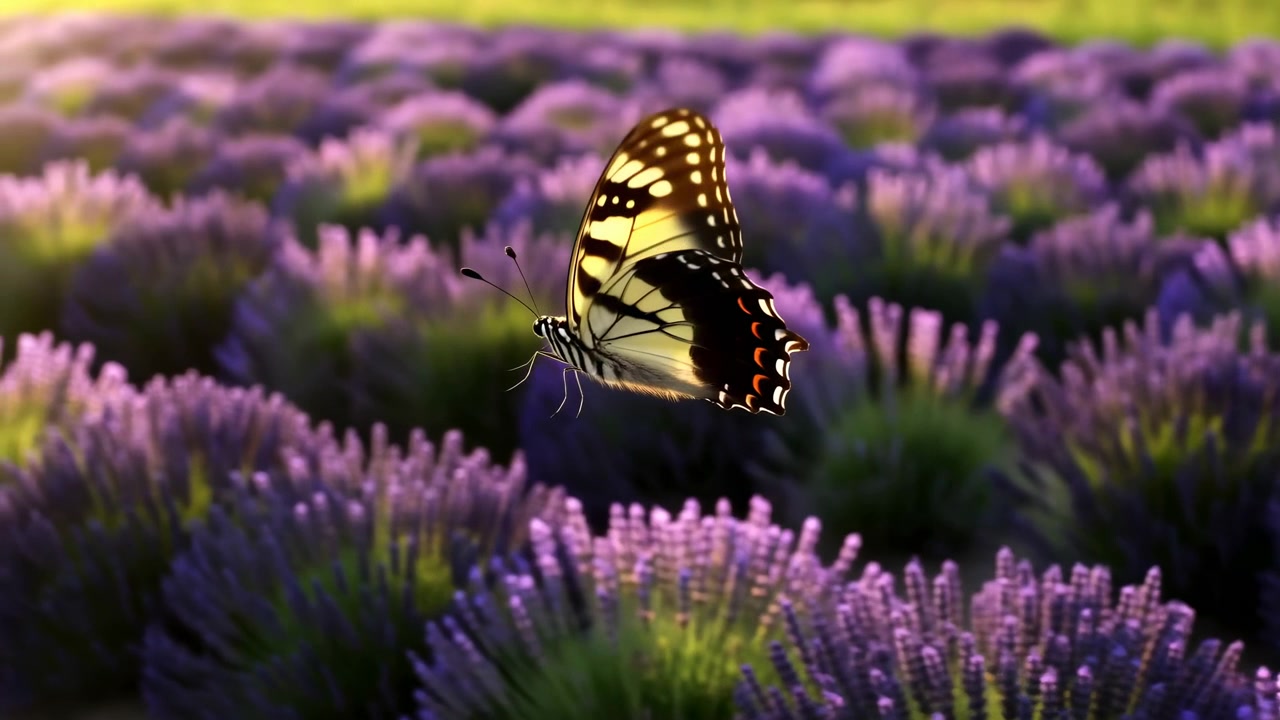 Farfalla macaone gialla e nera di profilo, che si muove verso spighe di lavanda con le ali aperte, antenne in avanti e zampe estese, incorniciata da bokeh morbido, luce calda e toni calmi di prato