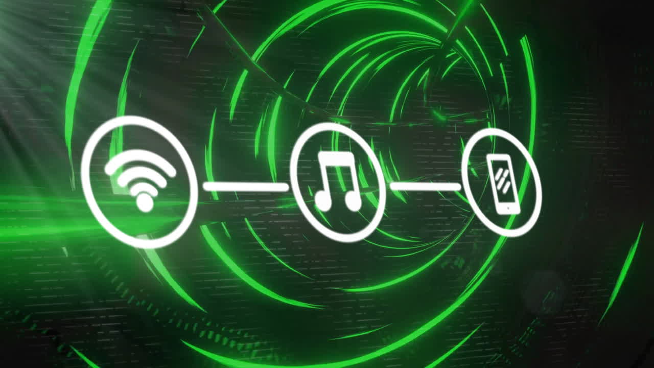 Animazione di icone multimediali e tunnel digitale su sfondo nero