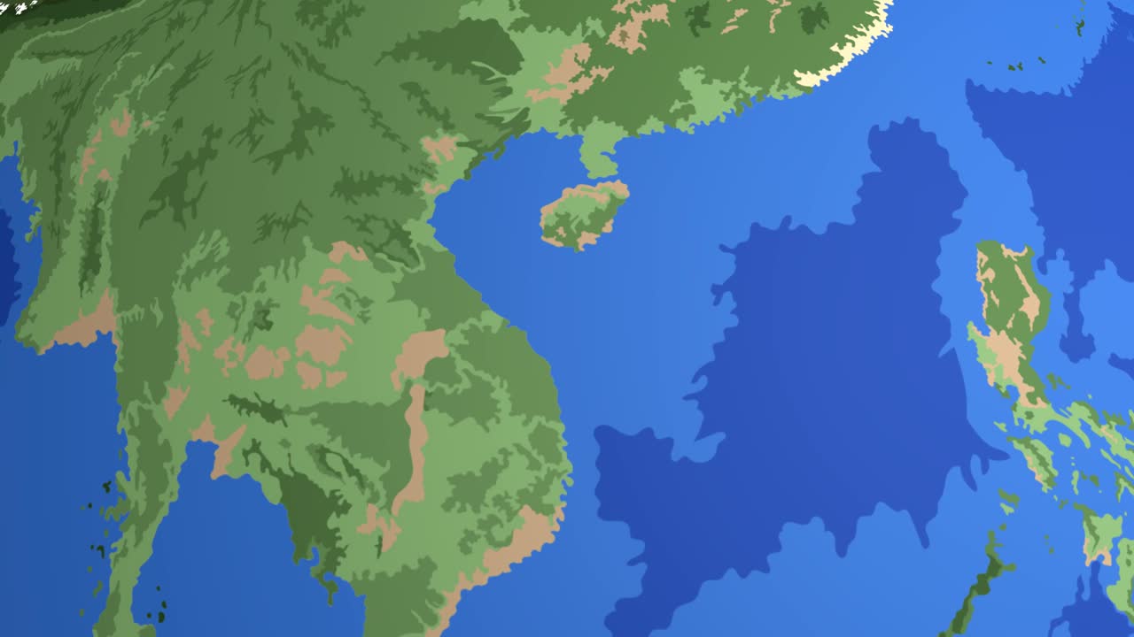 A 3D planet earth rotates and zooms into a flat map of Southeast Asian countries