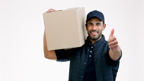 happy man, box and thumbs up in delivery
