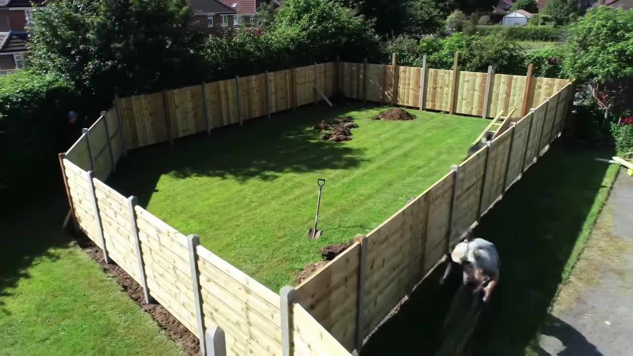 A team constructs a wooden fence around a spacious backyard. The lush grass is freshly cut, and soil is being dug to secure the posts, showcasing diligent work under a clear blue sky.
