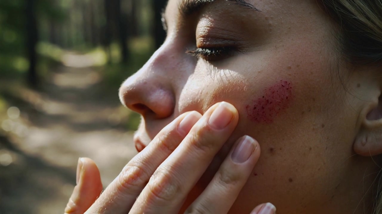Sintiendo irritación, una mujer presionando y frotando los dedos sobre una abrasión en su mejilla derecha, en un sendero forestal.