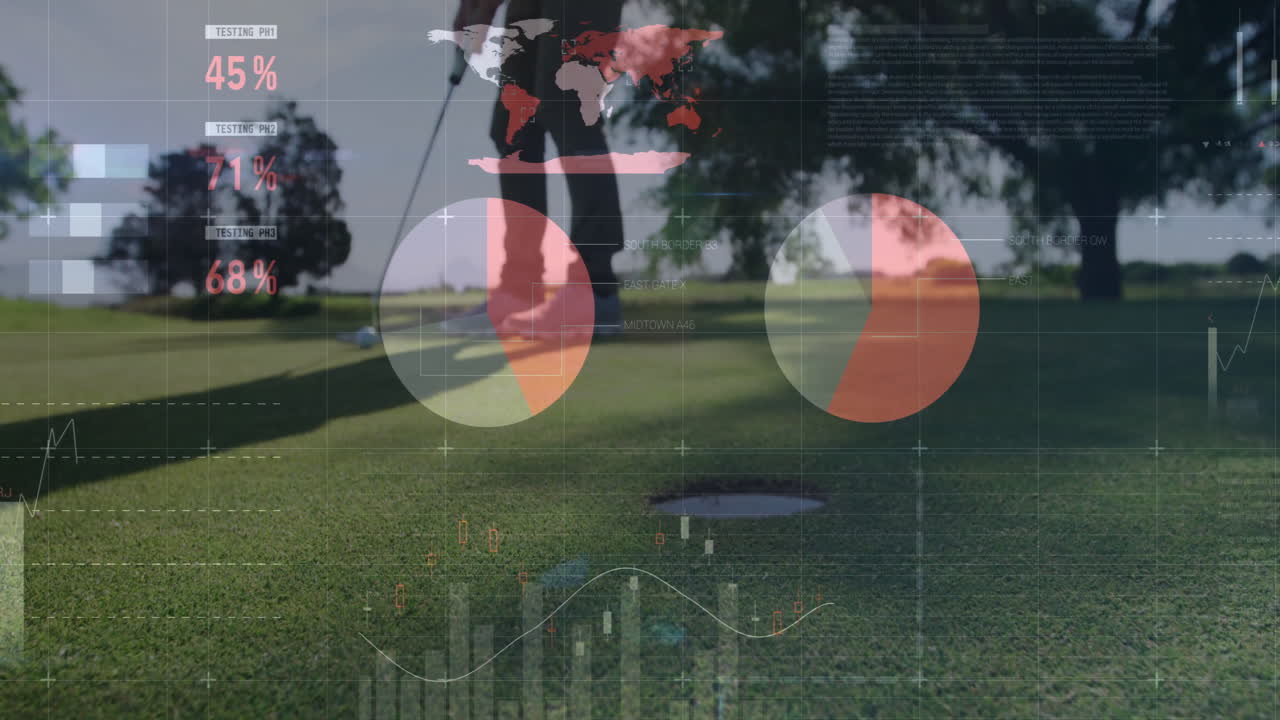 Animation of global statistics overlay while golfers putting on green
