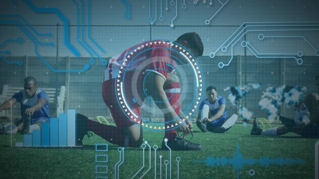 남성 축구 선수가 신발 ⁇ 을  ⁇ 는 것에 대한 둥근 스캐너와 마이크로프로세서 연결