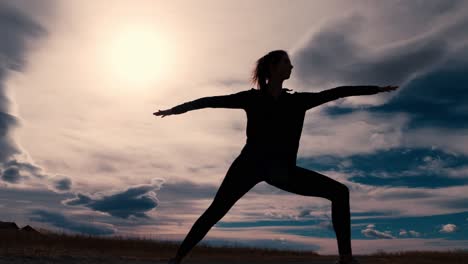 striking black silhouette outline of a female yogi extending her arms into a warrior two yoga pose