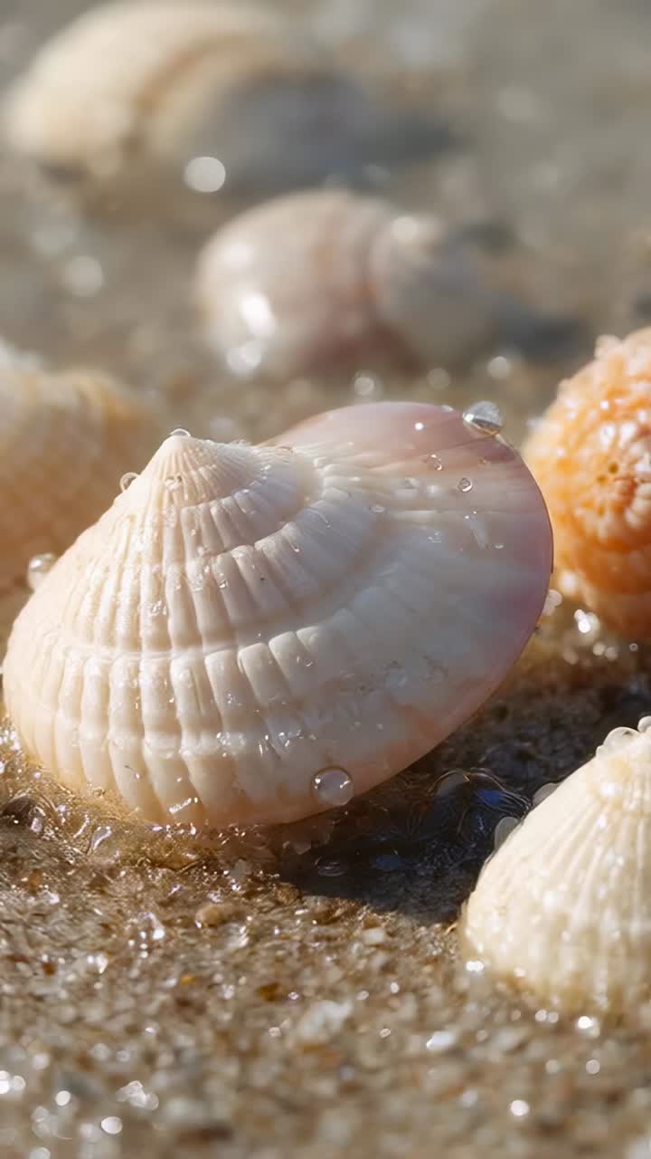 Vertical video: Sending thin sea film, brief wave washing pale spiral shell at shore, forming beads