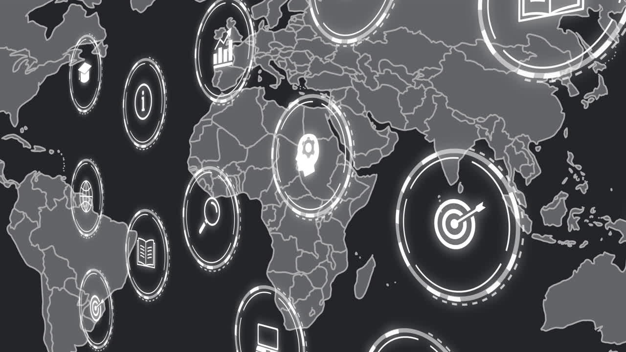 animación de iconos de negocios sobre el mapa del mundo