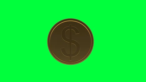 animación en 3d de la rotación de una moneda de un dólar en una pantalla verde. 4k