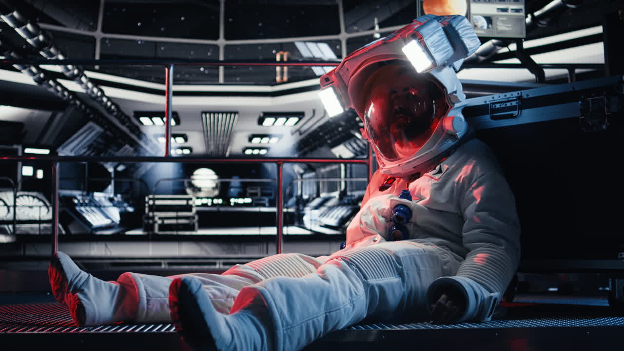 Astronauta tenta di riparare la tuta danneggiata dopo un errore segnalato da luce rossa all'interno dell'astronave.