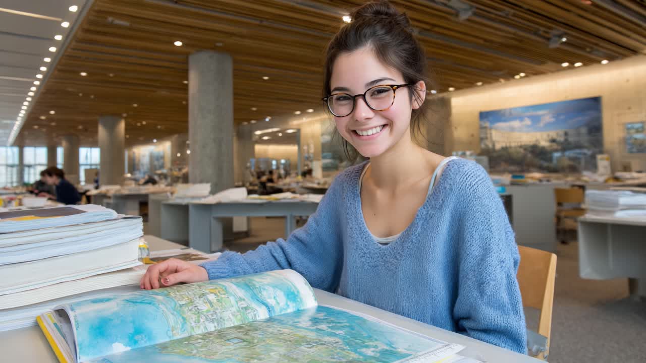 A joyful student enjoying her studies in a vibrant library filled with architectural models and maps, displaying a sense of inspiration and creativity in her academic environment
