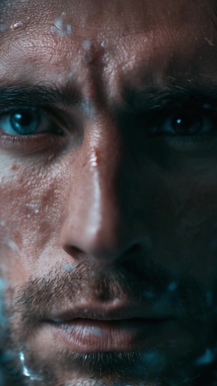 A Captivating Close-Up Portrait Capturing Intense Emotions with Water Droplets on the Skin, Revealing Depth and Vulnerability in a Human Expression